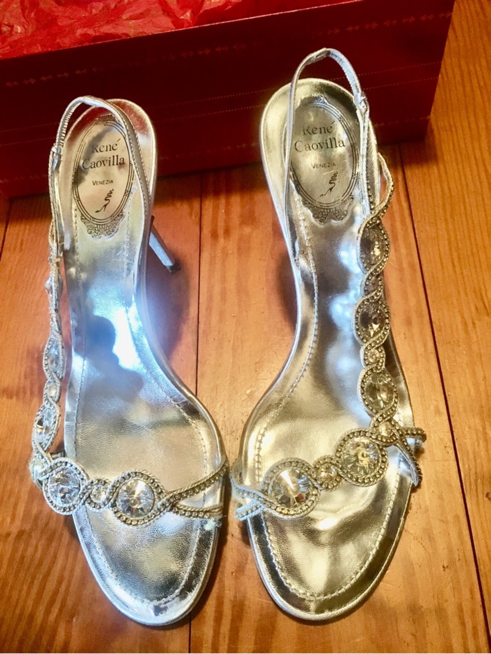 René Caovilla Silver Crystal Slingback Heels EU 39.5 (US 9) 4” Authentic w/ Box